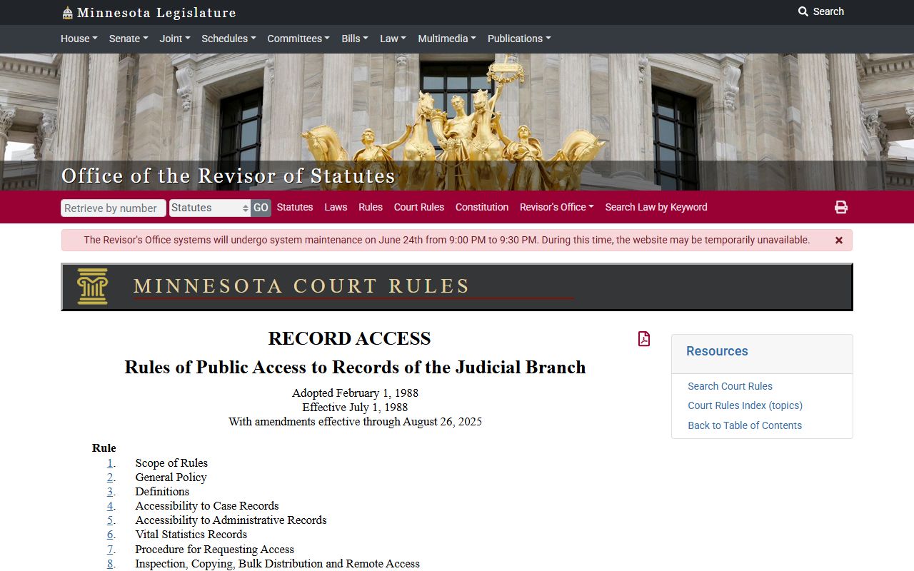 Cook County court records Minnesota Rules of Public Access table of contents
