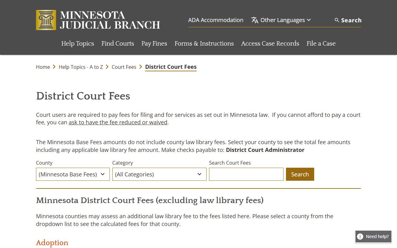Cook County court records Minnesota District Court fees