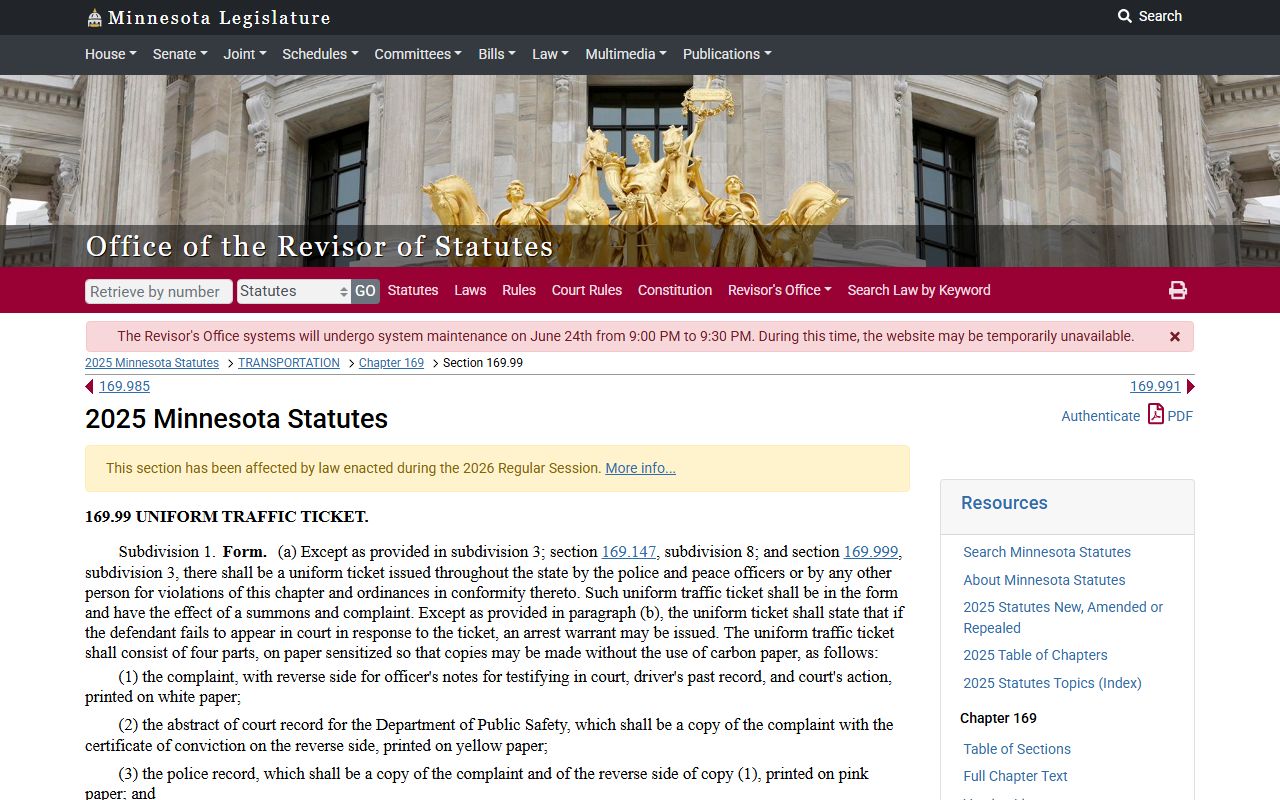 Cook County traffic court records Minnesota uniform traffic citation statute